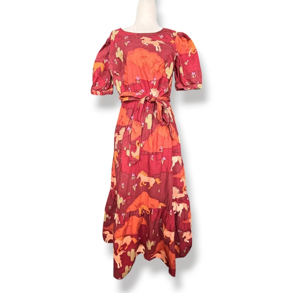 Princess Highway Red Horse Cactus Midi Dress Western Tiered Puff Sleeve Boho